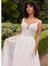 White Lace Tulle V Back Floral Garden Wedding Dress